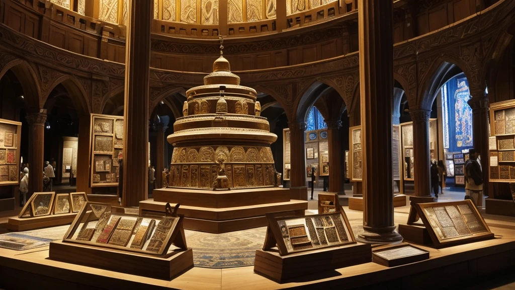 "A bustling marketplace where merchants sell replicas of ancient artifacts and manuscripts related to biblical teachings on the afterlife. Visitors explore exhibits that trace the cultural impact of these beliefs through literature, sculpture, and music, demonstrating how biblical narratives have inspired creativity and shaped societal values across centuries."