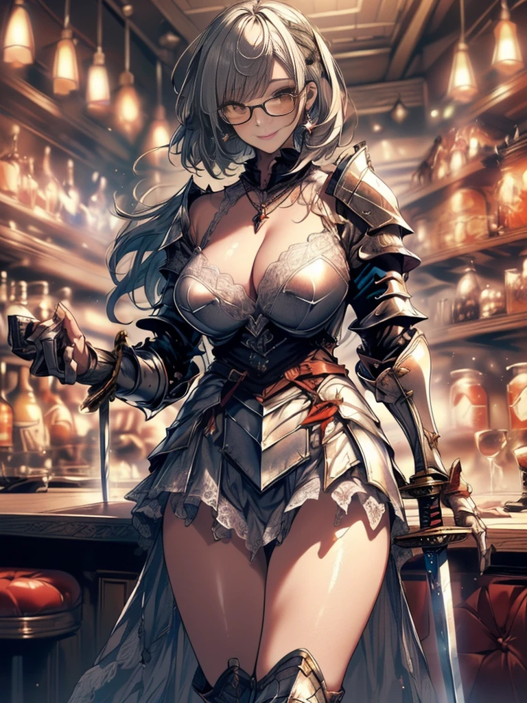 (Highest quality, masterpiece), (Ultra-high resolution, 8k RAW photos, Photorealistic:1.5, Cinema Lighting, Fabric Shading, Thin contours, Clear focus:1.2), Beautiful mature woman, Leaning forward, Long legs, Pastel colored hair:1.3, (Wearing thin glasses:1.5), (Mature Woman:1.5, 28 years old, alone), (1 female:1.6), (Large Breasts, Saggy breasts, big , Tight waist), whole bodyesbian, (very short hair:1.8, Pastel colored hair:1.3, ), (thin and bright pupils, Highlighted, detailed eyes:1.3, A face with attention to detail, perfect face shape, Bloodshot eyes), (A seductive smile, Half-close your eyes:1.2), (Looking at the audience:1.3), (Dutch Angle, whole body:0.5, From below:1.5), ((Correct Anatomy:1.5, The right move)), (Ideal body proportions),(((Fluttering lace flared mini skirt, Sexy silver armor with attention to detail:1.5、red and black boots、Silver Helmet、Silver Gauntlets、Jeweled、Gold decoration)))、Slender、(Thighs Thighs Thighs Thighs:0.8)、(At the bar、Artistic stained glass、Hello Point、Mysterious、Particles of light、Solemn、Nikko is、colorful、Fantastic:1.2)、(Fantastic:1.3)、(Female knight with sword:1.8)、Cross Necklace:1.2, (Dynamic pose),