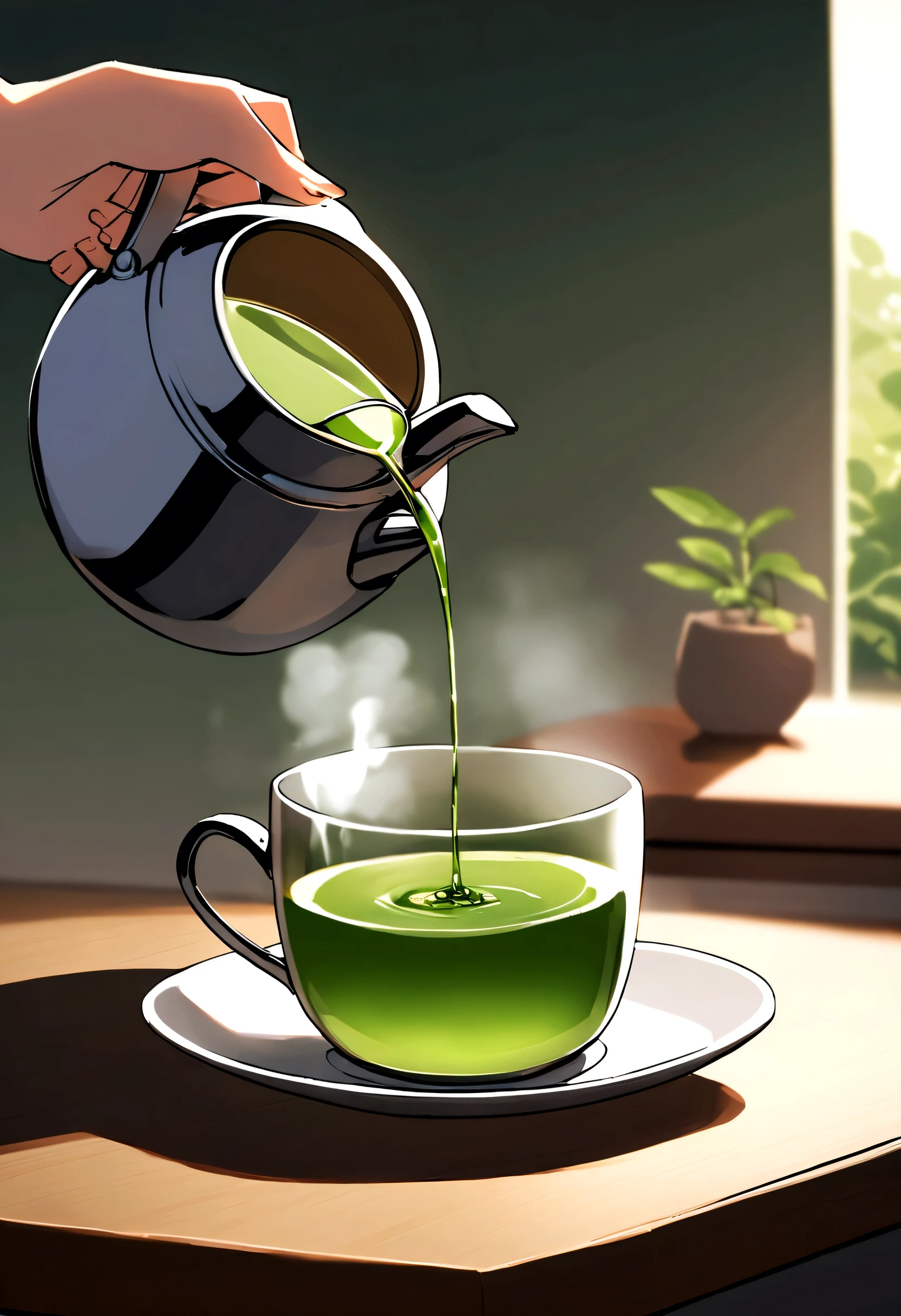 Generate actor is having green tea, in font of her there are a cup of tea, hot tea kettle on the table, show actor is pouring light green tea