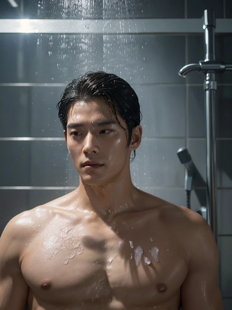 There was a man standing in the shower and his head foamy., Glittering from the rain, water dripping from him, Movie screen capture, South Korean man, movie screenshot, Still from the live action movie., Oh yes, Scenes from live-action movies, jin kim, Sweating. water vapor in the air, [ Realistic photos ]!!, Advertising picture