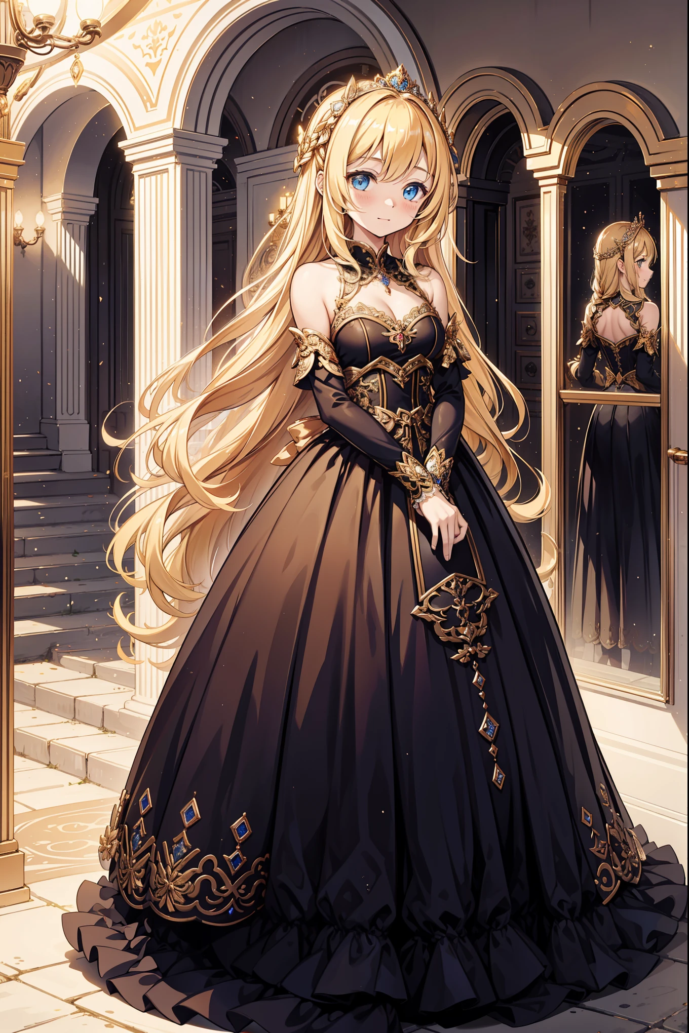 s girl，divino，Enchanted，having fun，Being in love，blond hairbl，Dark color dress，transparent costume，intricate detailed clothes，Pattern，Princess headband，A small amount of lace，swim wears，dining room，solo person，the night，