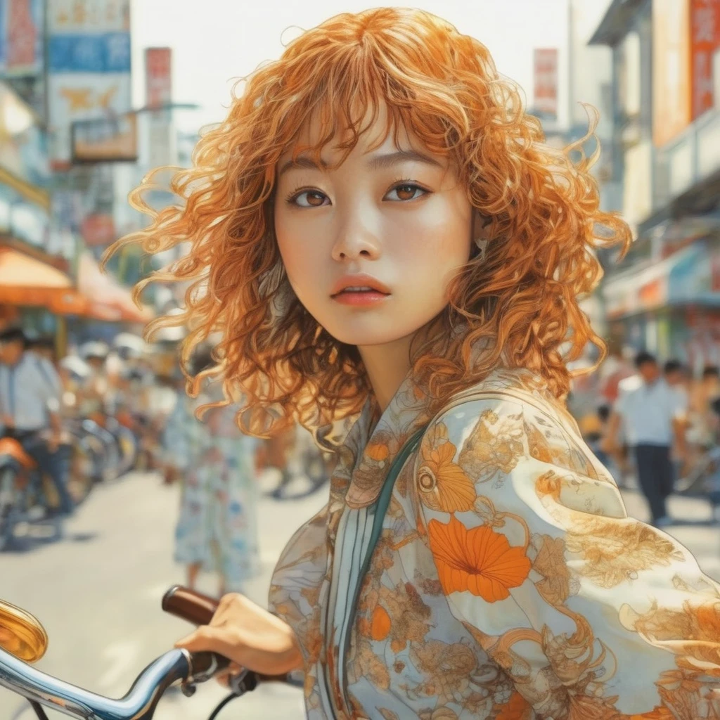 artwork:Katsuya Terada
8k, High resolution, A complex and intricate masterpiece, (Summer vacation:1.2), (Girl on a bicycle:1.1)、Beautiful Face、transparent, Glowing black eyes, Bicycle and brown eyeball, Medium Shot, Orange Hair, Organic Shapes, Hard Edge, Anatomically correct body,  Ultra-realistic, Bicycle elegant,Cinema Lighting, Very detailed, Vibrant colors, Octane Rendered Cat, Surreal atmosphere, Award-winning works, Bright and rich colors, iridescent accents, Dramatic Shadows,Dynamic and atmospheric lighting, Anamorphic Lens, Sharp focus, 
An intricate and detailed masterpiece by Katsuya Terada, Katsuya Terada Style, Pop Surrealism, watercolor , Kanna Hashimoto