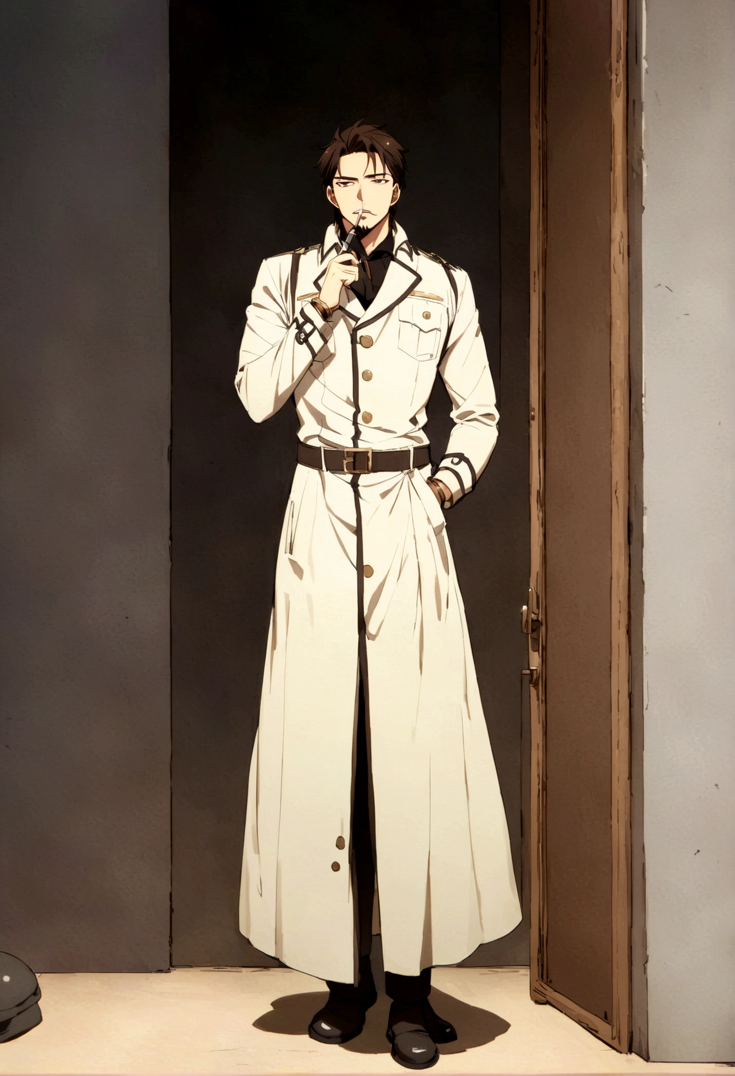 ultra detailed image. anime styling. Scenery of a dark gray room with polished and polished walls with an ultra polished and polished silver table. Research Board in the background. There are two characters. One of them is a handsome and seductive handsome adult with a goatee on his chin, a muscular man, beautiful medium hair with bangs. Wearing a loose, flowing brown coat. ultra-shiny and polished bronze bracelets. cloaks covering the brown body with pen in pocket, Brown hair. Light beige suit under coat. Covered chest. handsome human male detective. He holding a silver magnifying glass. He is pantsless with tight light gray underwear. The other has the same characteristics, but he is a police officer instead of a detective.