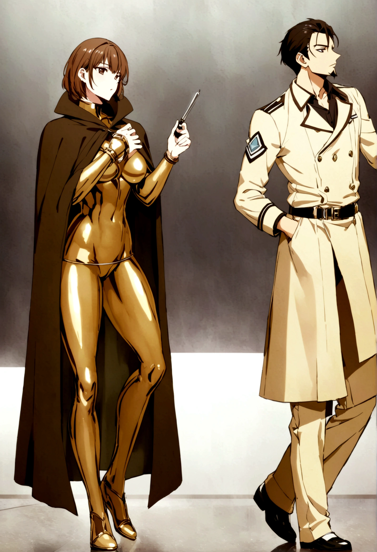 ultra detailed image. anime styling. Scenery of a dark gray room with polished and polished walls with an ultra polished and polished silver table. Research Board in the background. There are two characters. One of them is a handsome and seductive handsome adult with a goatee on his chin, a muscular man, beautiful medium hair with bangs. Wearing a loose, flowing brown coat. ultra-shiny and polished bronze bracelets. cloaks covering the brown body with pen in pocket, Brown hair. Light beige suit under coat. Covered chest. handsome human male detective. He holding a silver magnifying glass. He is pantsless with tight light gray underwear. The other has the same characteristics, but he is a police officer instead of a detective.