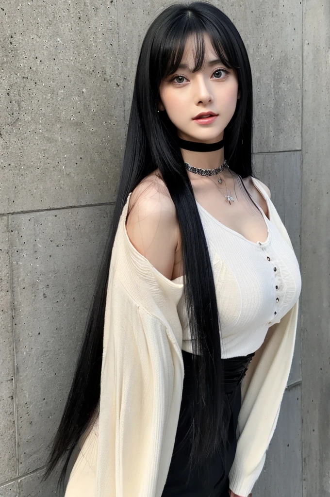 A mature woman with long, shiny black hair and fair skin。Big eyes、Cat eyes and a tough impression。Nails are black。Wearing a choker。Her chest is F cup。The butt is big and firm。I want the skin to have a more human-like texture.。