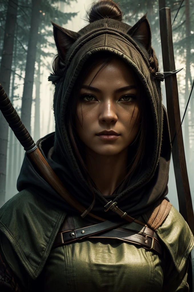 a woman in a cat mask and a hood holding a samurai, forest hunter lady, portrait of female rogue, beautiful rogue lady, stunning character art, alena aenami and artgerm, female forest archer, female rogue, epic exquisite character art, female assassin, wojtek fus, beautiful character painting, beautiful female assassin, beautiful full body concept art