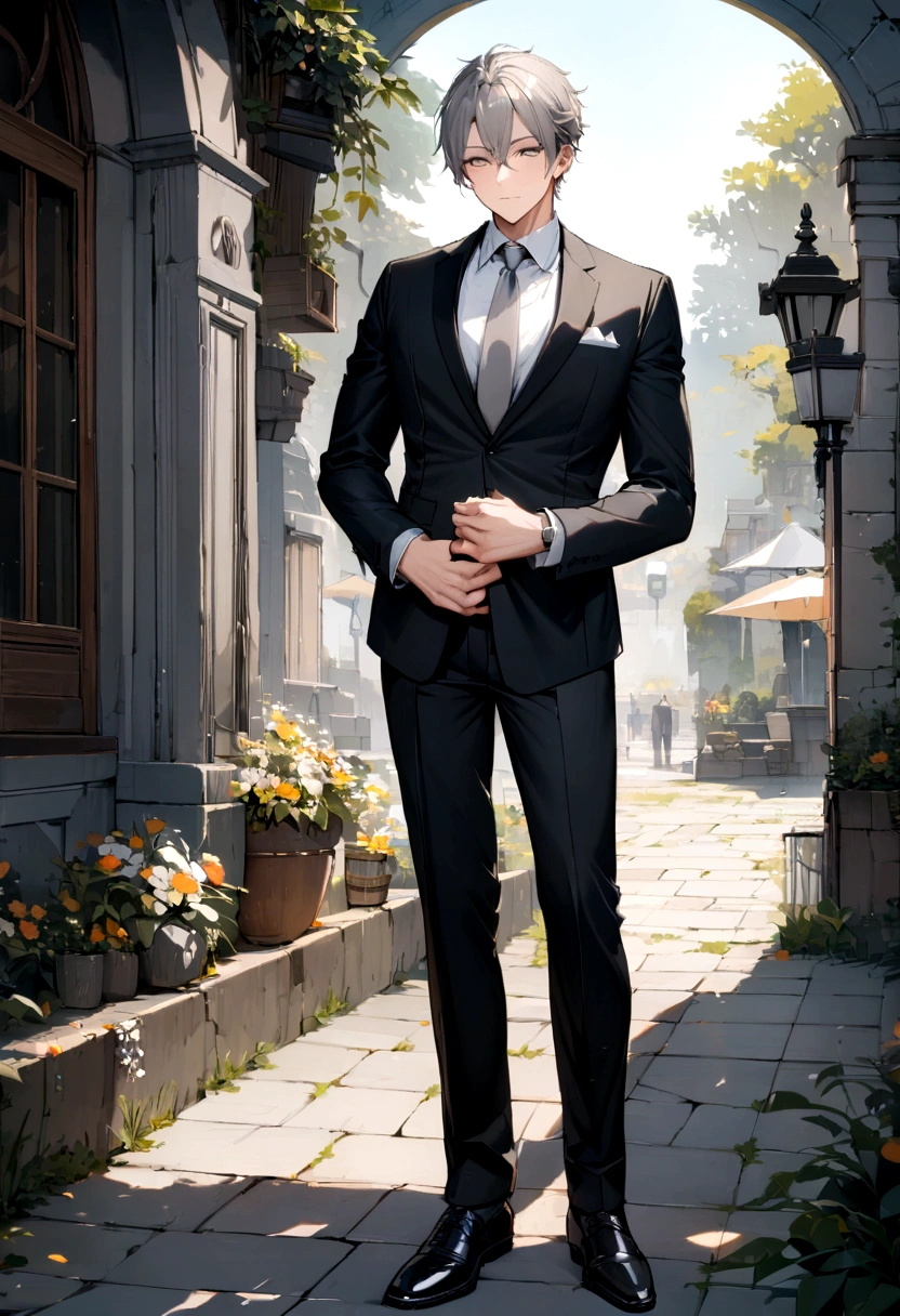 hd, ultra detailed, 8k quality, high quality, masterpiece, 1 boy, single, gray hair, black suit, gray tie, white t-shirt, black pants, formal shoes,