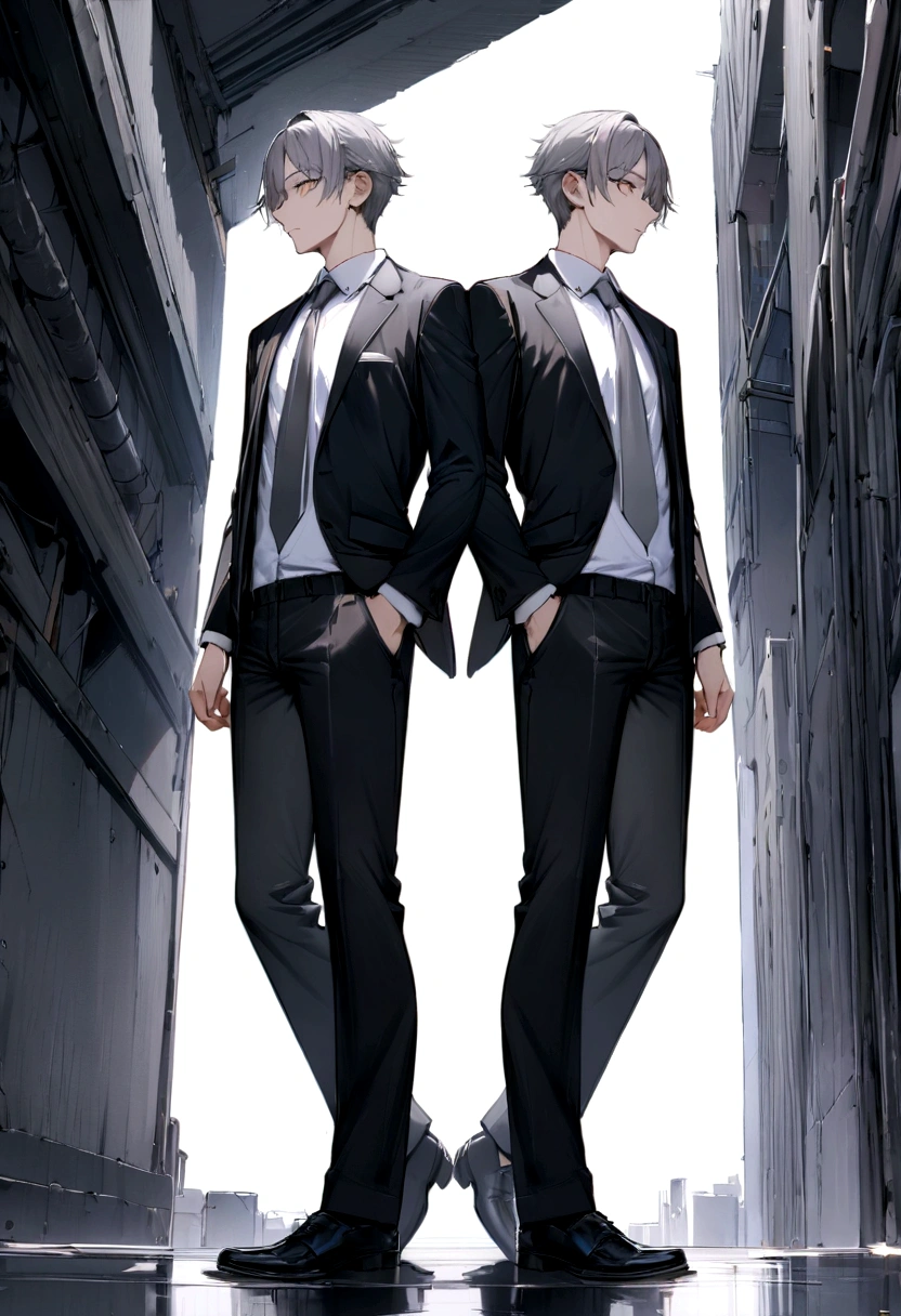 hd, ultra detailed, 8k quality, high quality, masterpiece, 1 boy, single, gray hair, black suit, gray tie, white t-shirt, black pants, formal shoes,