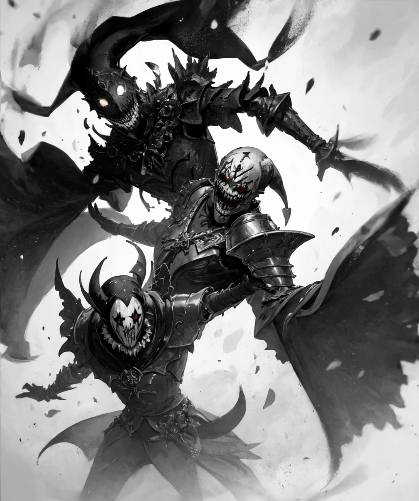 monochrome, jester, horror, 1boy, male focus, armor, outstretched arms, upper body, solo, 