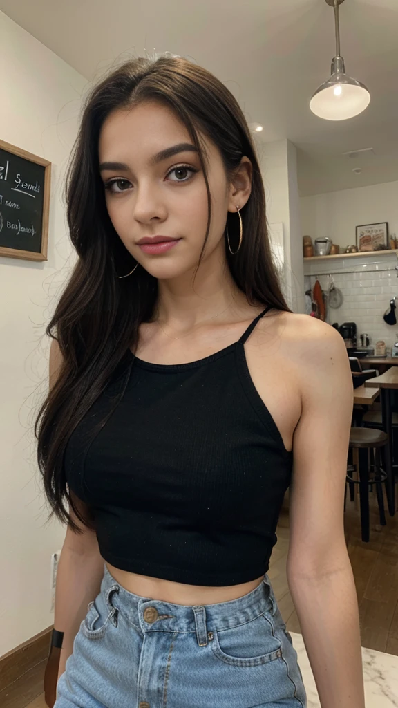 Photo of a 20 year old Beauty ful woman, that has a very natural face, thin lips, thin eyes, thin eyebrows, thin nose, earrings, long eyelashes. She makes a cute selfie in a cafe red top, black jeans