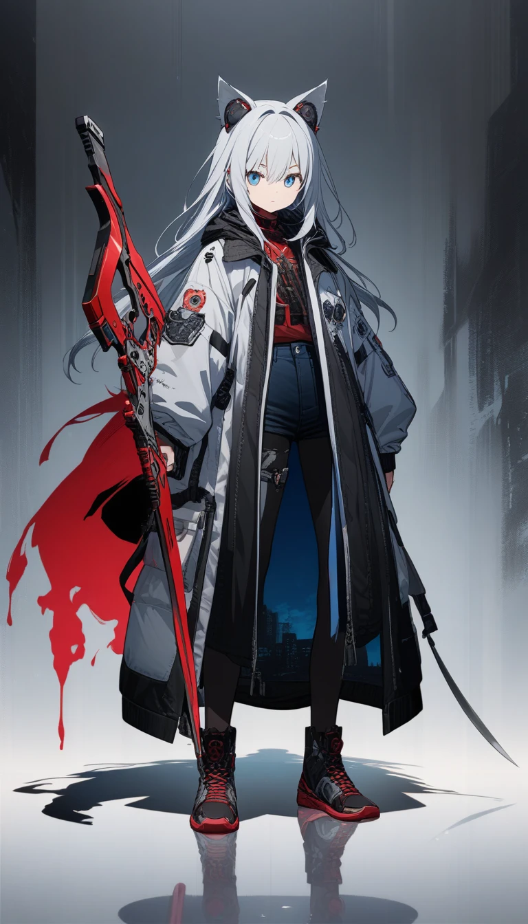 32k, best quality, Ultra-high resolution, Human Development Report, Ultra HD, Extremely detailed CG, unity 32k wallpaper, dark, Futuristic, Silhouette of a girl with cat ears and long hair, Flowing coat, Holding a huge sickle,There is a mechanical cat embedded in the blade, Standing on a reflective surface,With minimalism, Light gray background. --ar 4:3 --Style 600 --niji 6, Japanese Anime,Ink background,cool illustration, whole body,Twins Characters ,Street style,Blue boy and red girl,Compared ,Silver machine gun--ar 1:1,