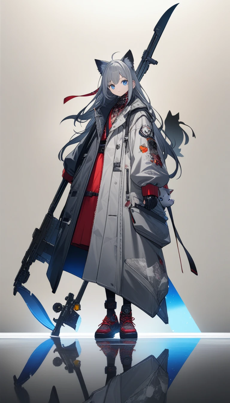 32k, best quality, Ultra-high resolution, Human Development Report, Ultra HD, Extremely detailed CG, unity 32k wallpaper, dark, Futuristic, Silhouette of a girl with cat ears and long hair, Flowing coat, Holding a huge sickle,There is a mechanical cat embedded in the blade, Standing on a reflective surface,With minimalism, Light gray background. --ar 4:3 --Style 600 --niji 6, Japanese Anime,Ink background,cool illustration, whole body,Twins Characters ,Street style,Blue boy and red girl,Compared ,Silver machine gun--ar 1:1,