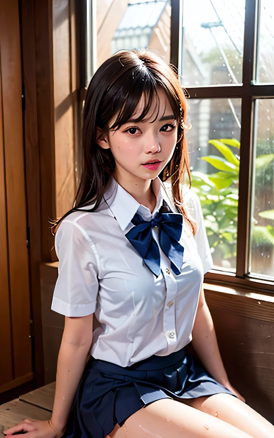 Very detailed CG Unity 8K wallpaper、Highest quality、Very detailed、masterpiece、Realistic、Photorealistic、Very detailedかわいい女の子、18-year-old、(High school students in Japanese uniforms)、((Photographed from the front:1.4))、((Dark blue bow tie:1.4))、((Sitting in a wooden box:1.4))、blush、Cleft lip、Looking at the audience、Semi Body Shot、(A room in a love hotel)、(Japan High School Designated Shoes)、(Navy blue short pleated skirt lift:1.5)、(short sleeve white shirt for students)、 (Dark blue bow tie:1.2)、(Light brown long hair)、(Beautiful Face:1.3)、(Perfect proportions:1.2)、(Long legs:1.2)、(Small breasts:1.3)、((White panties:1.4))、((Blouse wet in the rain、The brush is transparent))、(Bra is sheer)、(((Wet Hair、Wet Skin)))、((Drinking coffee:1.4))、((Upper Body))、((Rain outside the window:1.4))、
