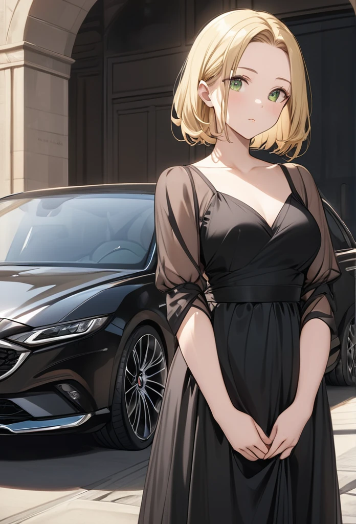 chubby girl, blonde, green eyes, medium length hair,open forehead, no bangs, square-rimmed black
black dress, long dress, elegant dress, standing near the car