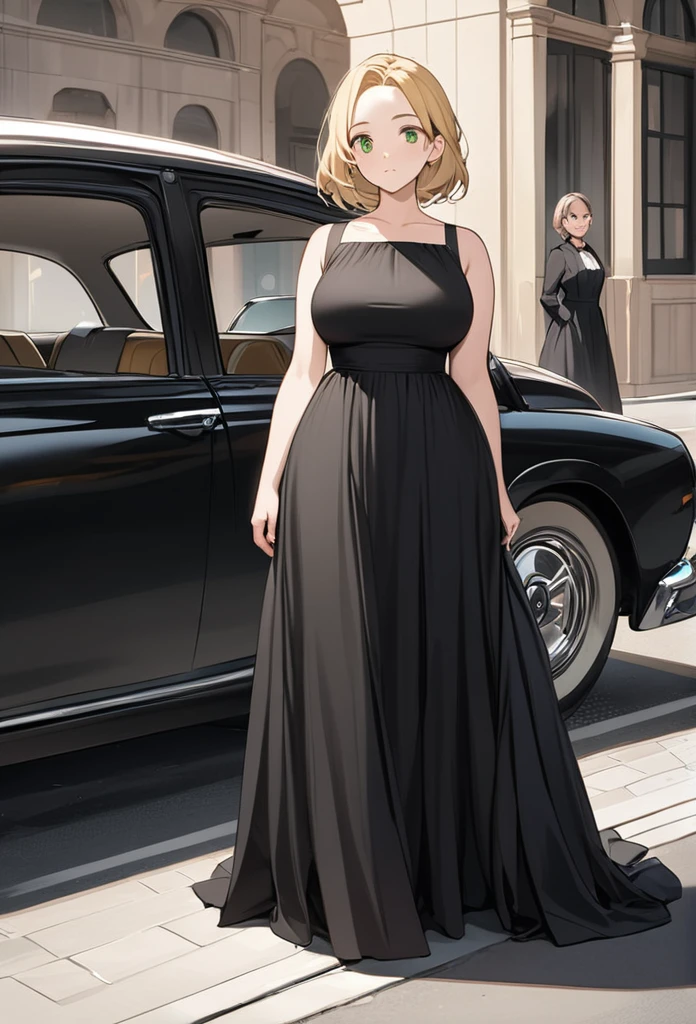 chubby girl, blonde, green eyes, medium length hair,open forehead, no bangs, square-rimmed black
black dress, long dress, elegant dress, standing near the car