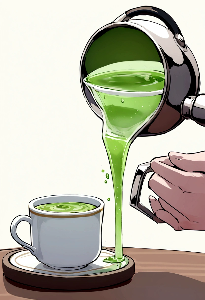 Generate actor is having green tea, in font of her there are a cup of tea, hot tea kettle on the table, show presenter is pouring light green tea