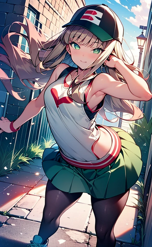 minami yume ,sss Dynazenon ,Long Hair, Brown Hair, (Green Eyes:1.5) ,blush,smile,hair band,Sleeveless shirt,Baseball cap,Long skirt,sneakers,Daytime,Clear skies,Walking,whole bodyがイラストに入るように, break looking at viewer, whole body, break outdoors ,Building district, break (masterpiece:1.2), Highest quality, High resolution, unity 8k wallpaper, (shape:0.8), (Beautiful and beautiful eyes:1.6), Highly detailed face, Perfect lighting, Extremely detailed CG, (Perfect hands, Perfect Anatomy),
