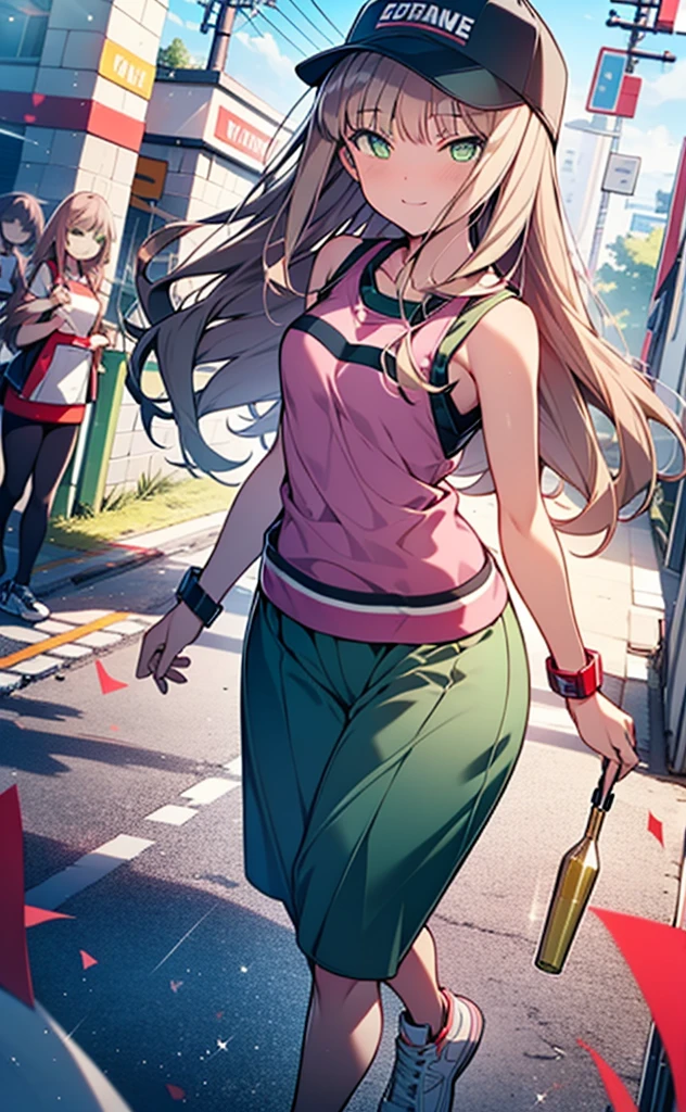 minami yume ,sss Dynazenon ,Long Hair, Brown Hair, (Green Eyes:1.5) ,blush,smile,hair band,Sleeveless shirt,Baseball cap,Long skirt,sneakers,Daytime,Clear skies,Walking,whole bodyがイラストに入るように, break looking at viewer, whole body, break outdoors ,Building district, break (masterpiece:1.2), Highest quality, High resolution, unity 8k wallpaper, (shape:0.8), (Beautiful and beautiful eyes:1.6), Highly detailed face, Perfect lighting, Extremely detailed CG, (Perfect hands, Perfect Anatomy),