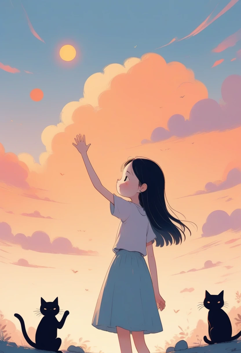 score_9, score_8_up, score_7_up, score_6_up, score_5_up, score_4_up, A simple and cute picture book, with simple and abstract characters, illustration style, a cat entangled in the girl's arm, pleading for her to play and pay attention to it, warm and gentle light effects like a sunset, and vivid color effects of soft pastel colors and vivid colors