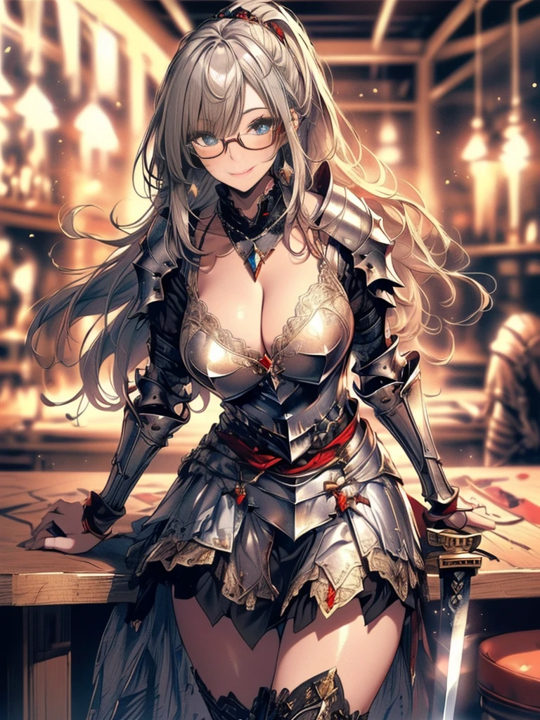 (Highest quality, masterpiece), (Ultra-high resolution, 8k RAW photos, Photorealistic:1.5, Cinema Lighting, Fabric Shading, Thin contours, Clear focus:1.2), Beautiful mature woman, Leaning forward, Long legs, Blonde, (Wearing thin glasses:1.5), (Mature Woman:1.5, 28 years old, alone), (1 female:1.6), (Large Breasts, Saggy breasts, big , Tight waist), whole bodyesbian, (long hair:1.2, Blonde, forehead:1.2,ponytail, straight hair:1.2), (thin and bright pupils, Highlighted, detailed eyes:1.3, A face with attention to detail, perfect face shape, Bloodshot eyes), (A seductive smile, Half-close your eyes:1.2), (Looking at the audience:1.3), (Dutch Angle, whole body:0.5, From below:1.5), ((Correct Anatomy:1.5, The right move)), (Ideal body proportions),(((Fluttering lace flared mini skirt, Sexy silver armor with attention to detail:1.5、red and black boots、Silver Helmet、Silver Gauntlets、Jeweled、Gold decoration)))、Slender、(Thighs Thighs Thighs Thighs:0.8)、(At the bar、Artistic stained glass、Hello Point、Mysterious、Particles of light、Solemn、Nikko is、colorful、Fantastic:1.2)、(Fantastic:1.3)、(Female knight with sword:1.8)、Cross Necklace:1.2, (Dynamic pose),