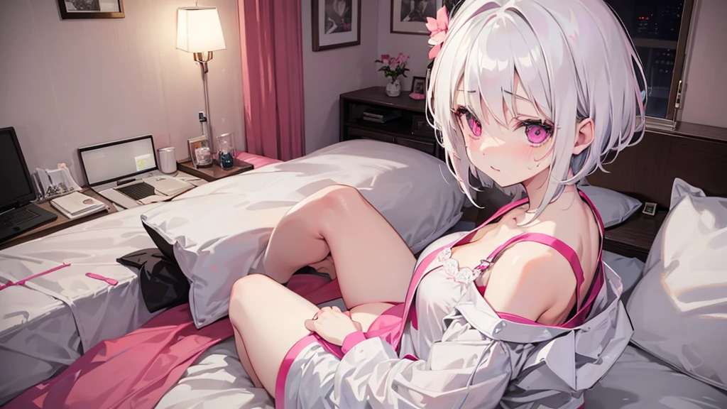 White Hair Girl、Pink Eyes、Short Hair、Only one girl、Night、In the bedroom、Blushing、laughing、Excited、Just One