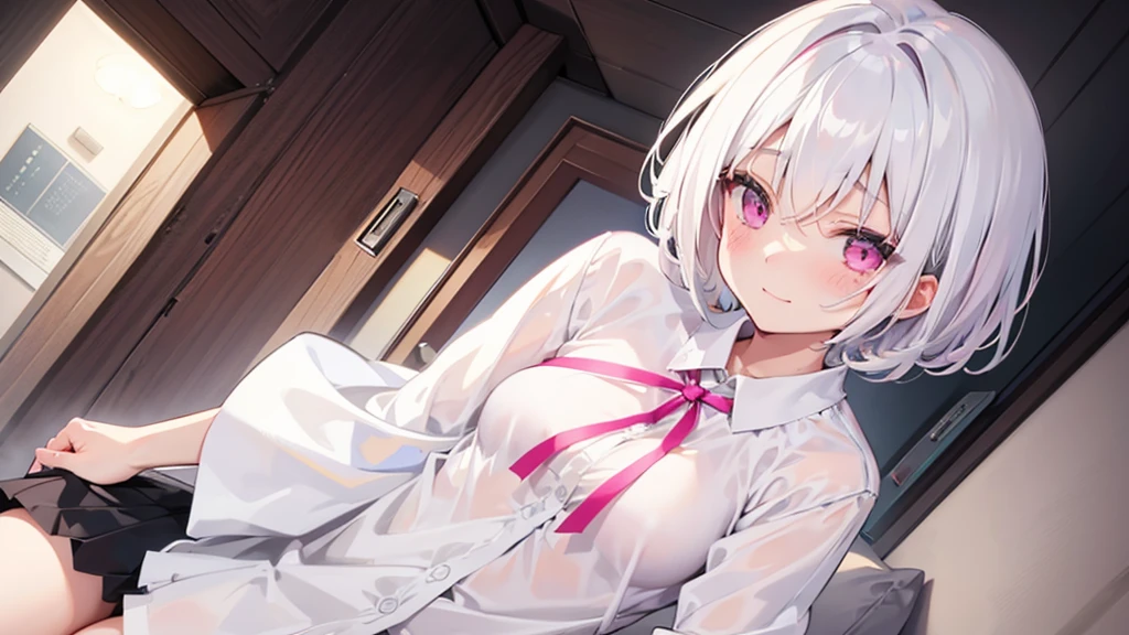 White Hair Girl、Pink Eyes、Short Hair、Only one girl、Night、In the bedroom、Blushing、laughing、Excited、Just One、Sitting on the bed、Wearing only underwear、Sweating