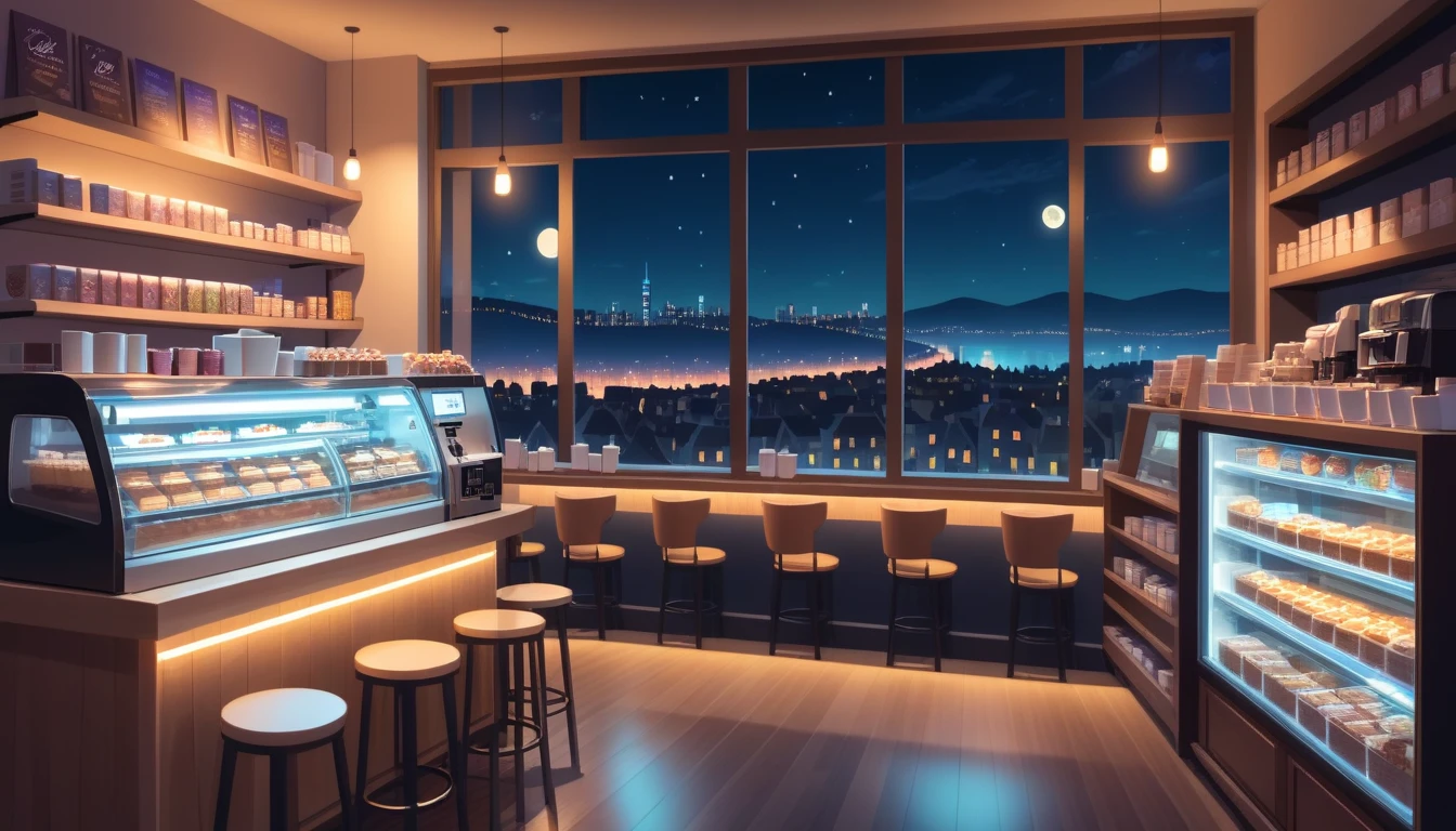a cozy night time at a coffe interior with cozy lighting and sweets in the shelves. There are coffee cups in the tables. a cas machine in the counter,There is a big window in the middle of the coffeeshop and the outside view is the city at night.