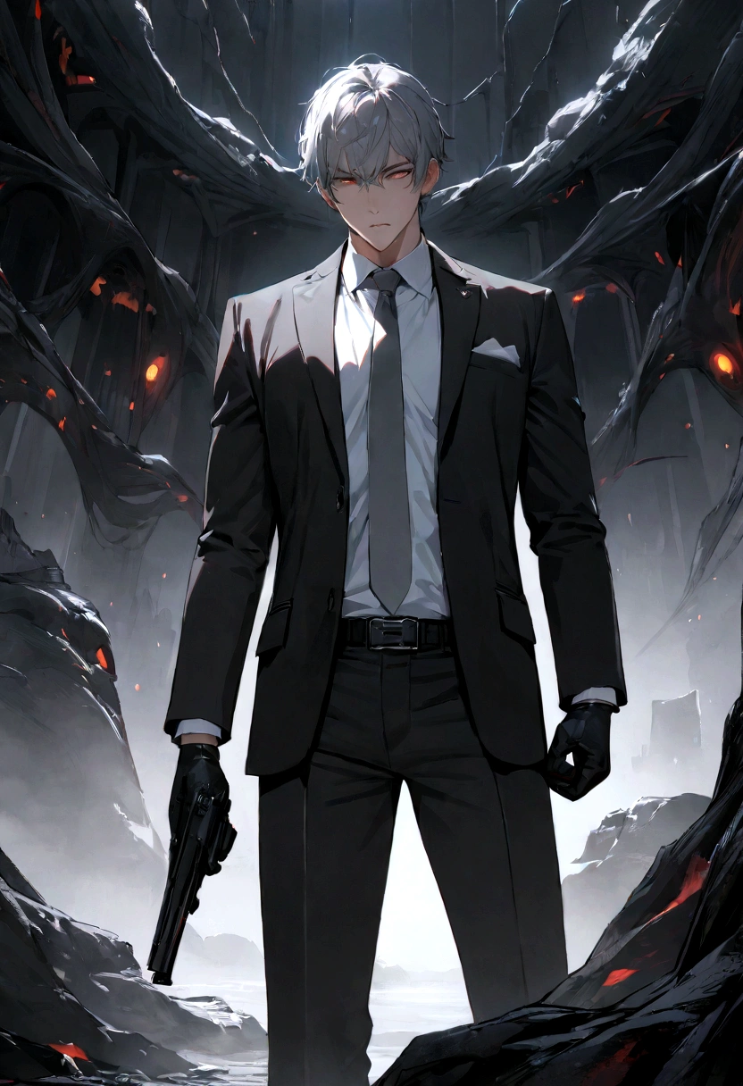 hd, ultra detailed, 8k quality, high quality, masterpiece, 1 boy, single, gray hair, black suit, gray tie, white t-shirt, black pants, hitman vibe, underworld