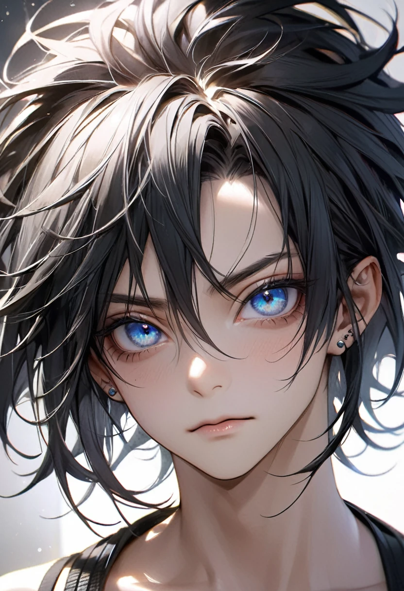 Ultra-high resolution,(Realistic:1.4), ((Highest quality)), ((masterpiece)), Black Hair,Flowing bangs、Dreadlocks、blue eyes,Cool guy,Musician、Close-up、adultの歳,Short bangs,Cool piercings,Sparkling、Sidelong glance、Alluring、adult、looks strong、Visual Kei、Handsome、HYDE、Droopy eyes、Singing、Charisma、juvenile、Beardless、Droopy eyes