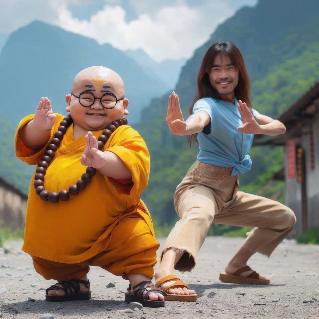 smiling man and man in yellow outfit posing for picture, in the style of sifu 🔥 😎 🕹️ 👀 :2, fisting monk, kung-fu, monk clothes, journey to the west, buddhism, kung fu, yanjun chengt, buddhist, profile picture 1024px, martial art pose, ruan jia and fenghua zhong