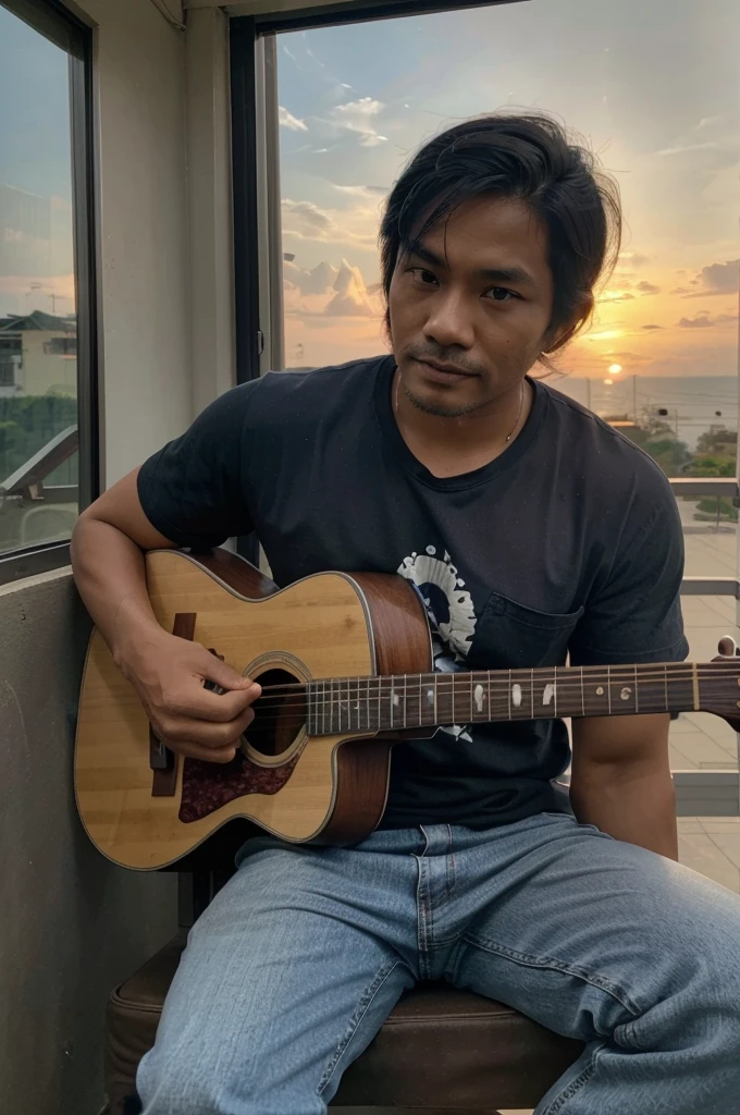 Indonesian male lali, 35 years old, brown skin, sitting on the edge playing guitar at sunset, Art Wallpaper, full hd