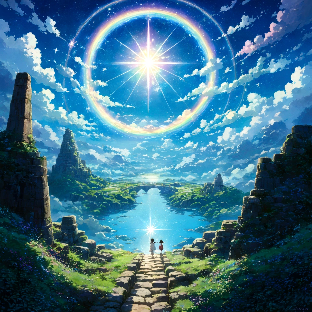 深い藍色のuniverse空間に、Floating Silently、巨大な水色の惑star。その惑starは、As delicate as glass、On the surface、Rainbow clouds swirl slowly。惑starには、ancient ruinsのような建造物が点在し、そこから伸びるPath of Lightが、他のstar々Connect with、まるでuniverseの地図を描いているかのよう。惑starの周りには、Double Ringが輝き、内側の輪はiceの結晶でできており、The outer ring is、無数の小さなstar々It is made up of。beautifulAnime Scenery, Landscape painting, beautifulデジタル絵画, Andreas Rocha, beautifulアートワークのイラスト, Awesome Wallpapers, Raymond Han, 背の高いbeautiful絵画, Studio Ghibli Makoto Shinkai, beautiful壁紙, Anime Scenery, 惑star, universe, mysterious, beautiful, Fantasy, ancient ruins, Path of Light, Double Ring, ice, star