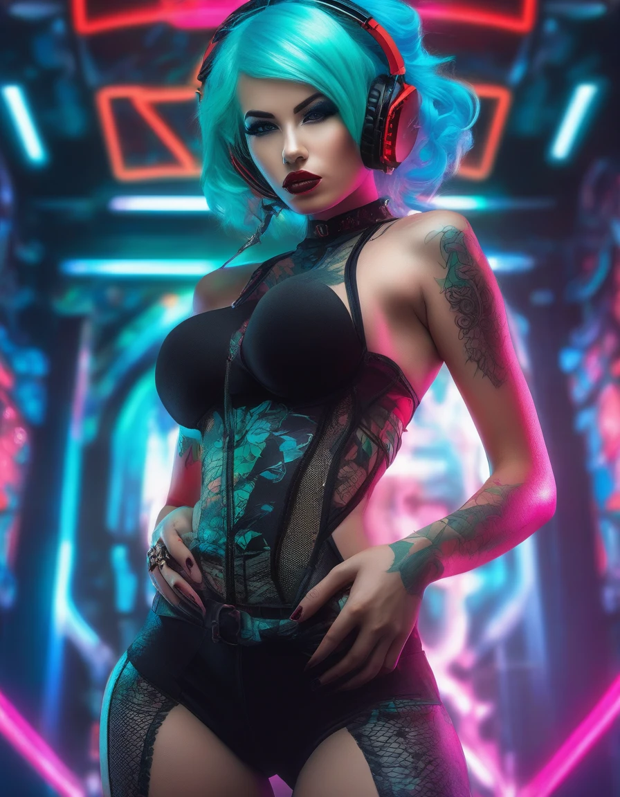 ultra-detailed photography of a nude girl 1nerdy in gothic and neon colors. She has ((turquoise hair)), wear a (High-tech clothing) and a (black thong, red pattern:1.2) , ((beautiful and aesthetic)), sexly, Underbust, hot, massiva legs (spread), kneeling, Giant breasts (even bigger breasts), top anatomy
