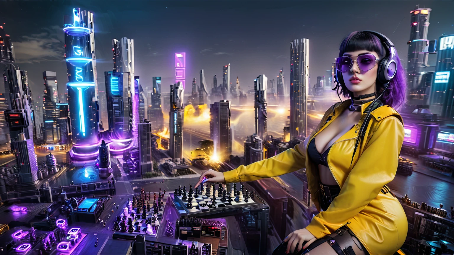 masterpiece, best quality, high resolution, 8k, (Portrait Photos:1.5), (R Original Photo), real picture, Digital Photography, (A fusion of cyberpunk and fantasy), 20 year old girl, solo, (((black sunglasses, headphone))), Feel free to hairstyle, Purple Eyes, By Bangs, (large breasts, cleavage, Accessories, Elegant and charming, Combination of cyberpunk and fantasy style clothing, Hollow carving design, Photo poses, Realistic style, (((((((pistol shooting pose))))))), oc render reflection texture, sentry, (((((aerial view of Cyberpunk style future city, 1 giant (((chess pieces))) sculpture))))), night, Bustling streets, (((((half-body (thigh level) medium shot))))).