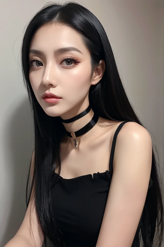 A tall adult woman with long, shiny black hair and fair skin.。Big eyes、Cat eyes and a tough impression。Nails are black。Wearing a choker。Her chest is F cup。The butt is big and firm。I want the skin to have a more human-like texture.。