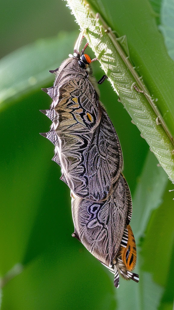 there is a butterfly cocode hanging from the stem of a plant, chrysalis, Macro view, larvae, left profile, macro photograph, por Robert Brackman, the caterpillar, close photo, by Jan Rustem, lateral view, close - up profile, lateral view, macro photo, macro photo, dew, Direction: Dave Allsop, lateral view, Mime