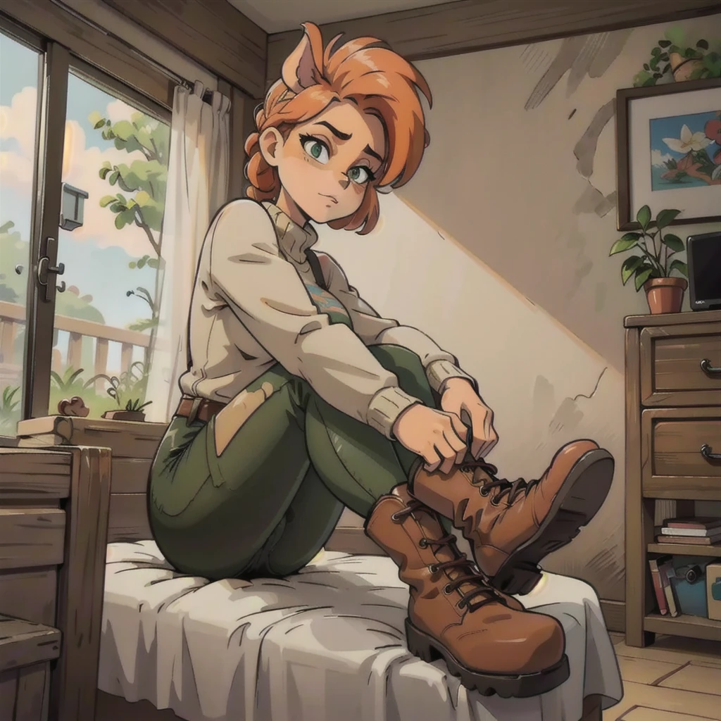 anthro bandicoot girl redhead, braided hair, beautiful green eyes, relaxing moment, sexy ,seductive, warm sweater, camouflage pants, army boots, , cozy lighting, vibrant colors , girl anthro , sweater, camouflage pants, army boots, hands to boots