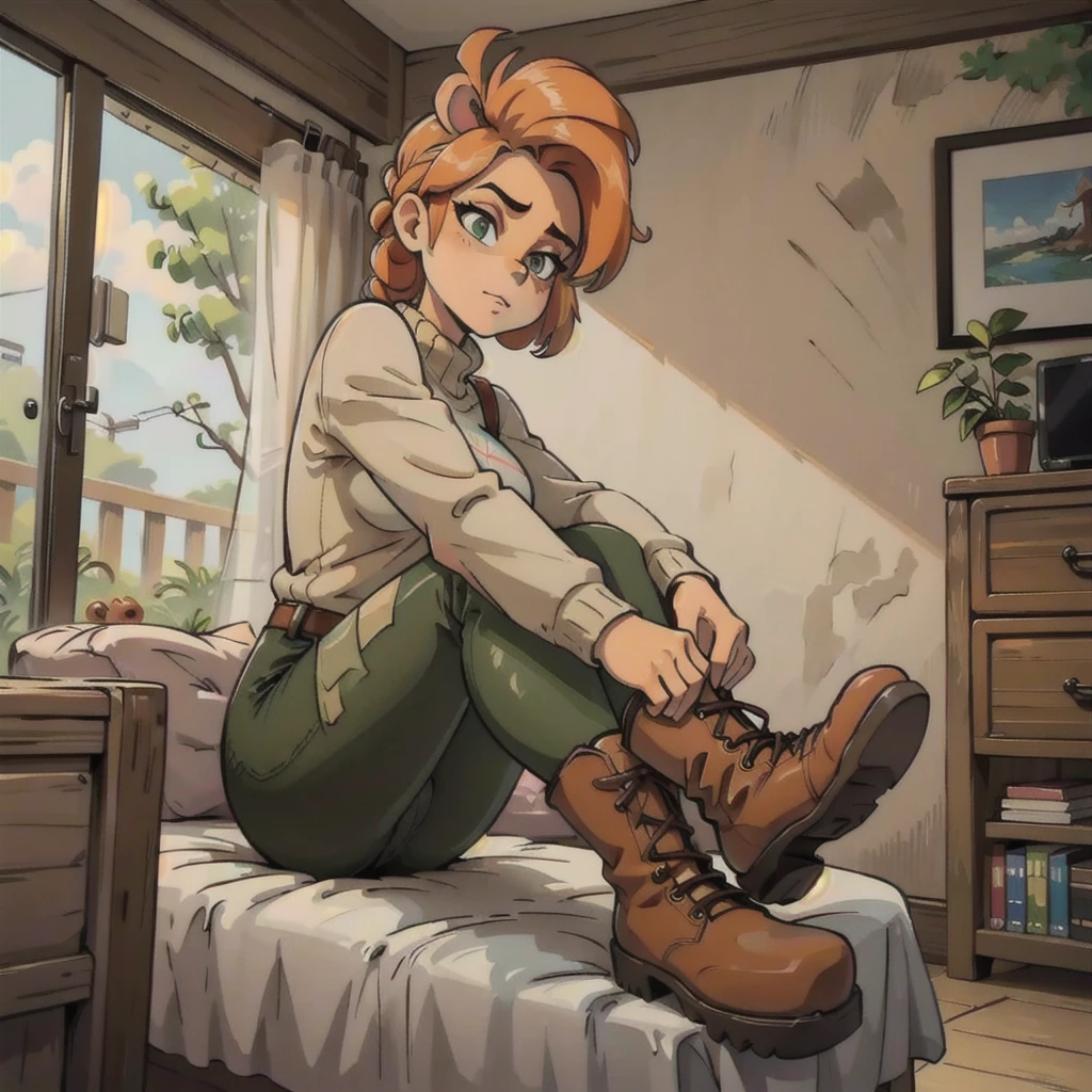 anthro bandicoot girl redhead, braided hair, beautiful green eyes, relaxing moment, sexy ,seductive, warm sweater, camouflage pants, army boots, , cozy lighting, vibrant colors , girl anthro , sweater, camouflage pants, army boots, hands to boots
