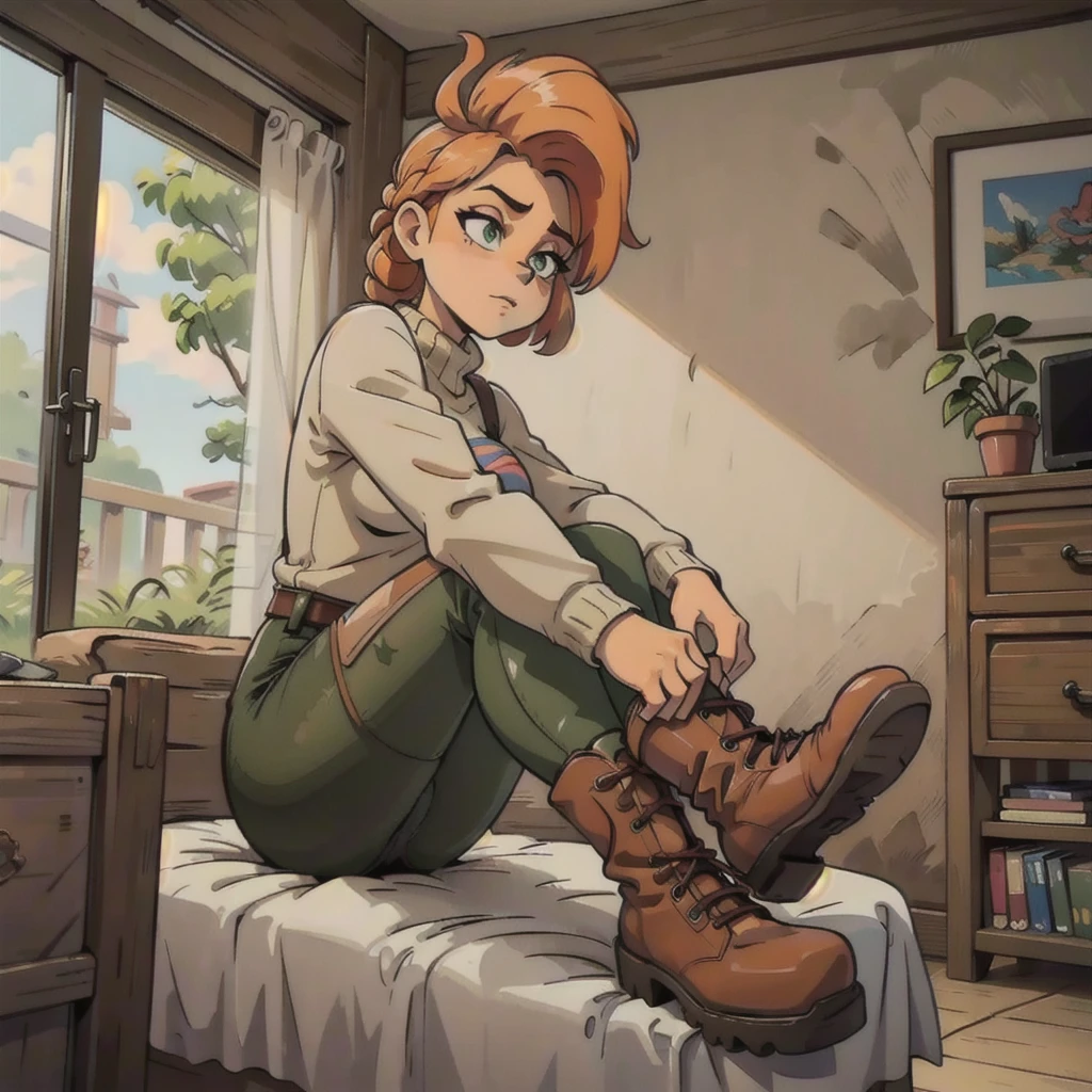 anthro bandicoot girl redhead, braided hair, beautiful green eyes, relaxing moment, sexy ,seductive, warm sweater, camouflage pants, army boots, , cozy lighting, vibrant colors , girl anthro , sweater, camouflage pants, army boots, hands to boots