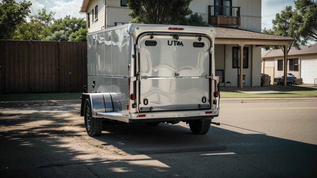 Ultrarealistic image of a car trailer, panoramic view from the street to the front