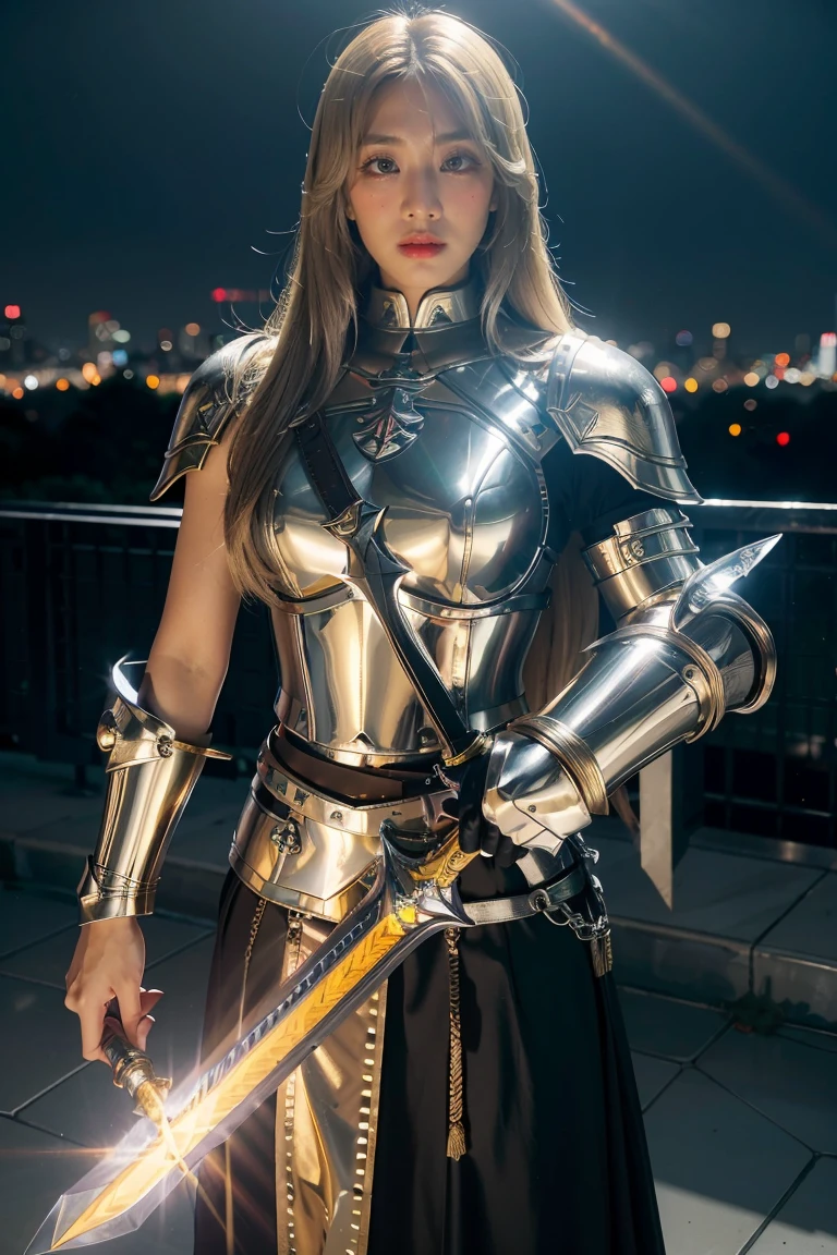 (masterpiece, best quality), ((A paladin holding a light-infused greatsword)), light magic, divine, mage aura, silver and gold, 4k, dark cityscape, Fujifilm