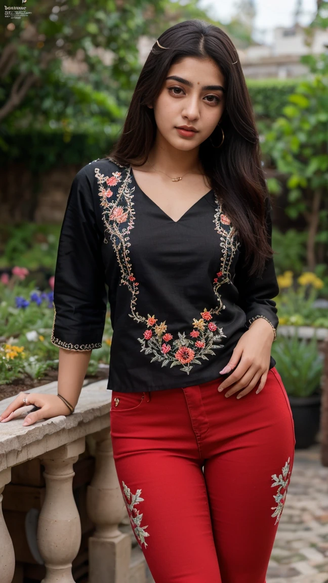 21 yo women Ananya Pandey wearing embroidery printed black kurta  and red jeggings garden  perfect anatomy, ultra detailed face and eyes, ultra sharp HDR, realistic realism, 8k