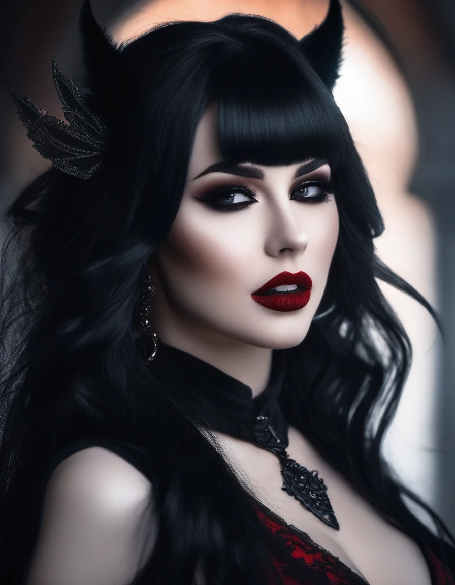 seductive vampire woman, busty and long black hair, 真实感, pale skin, Sharp Fangs, dark eyes, Open mouth with sharp teeth, open hair, Gothic attire, Canon,4K, arcane, sinister, Grusel, Gothic, High 8K image quality, Detailbild 16K.