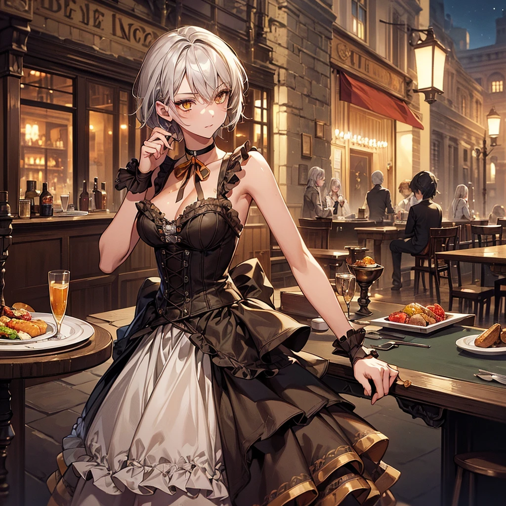 masterpiece, Highest quality, Perfect Face, Highest Resolution, Highest quality,Detailed depiction of the eyes, 1 girl, young, slender body, Short, deep tan skin, slate gray hair, short hair, upturned eyes, Yellow Orange eyes, Perfect Anatomy, steampunk, ribbon choker, dress, dinner, restaurant, Talk, city, night,