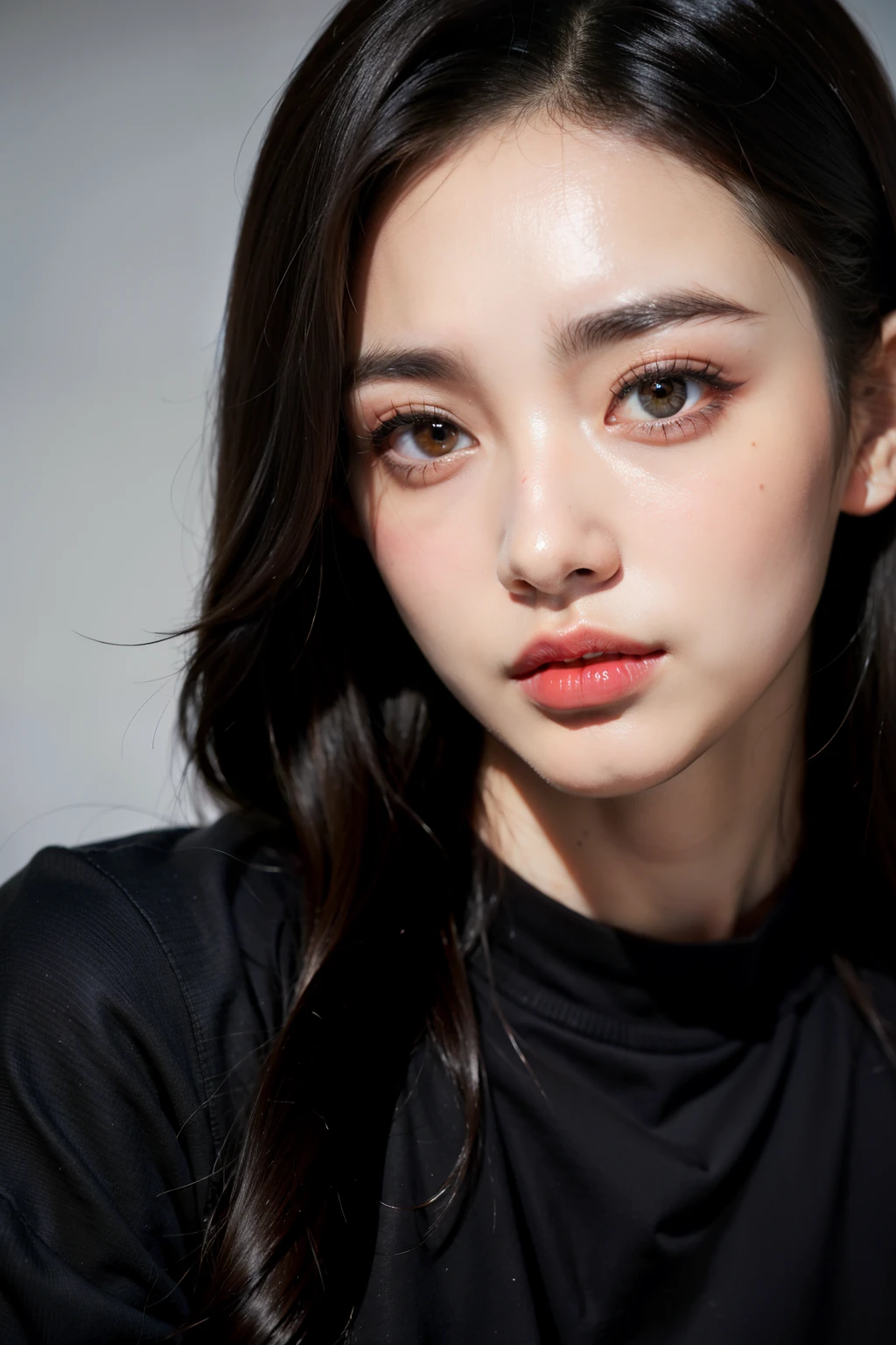 A man in a black shirt、Close-up of lady with long black hair, korean symmetrical face, Beautiful young Korean woman, xision wu, Korean facial features, Beautiful Chinese model, Beautiful Korean woman, yanjun chengt, Popular Korean makeup, Young and beautiful Korean woman, Thin lips, Beautiful face, xintong chen, Clear lips and high quality