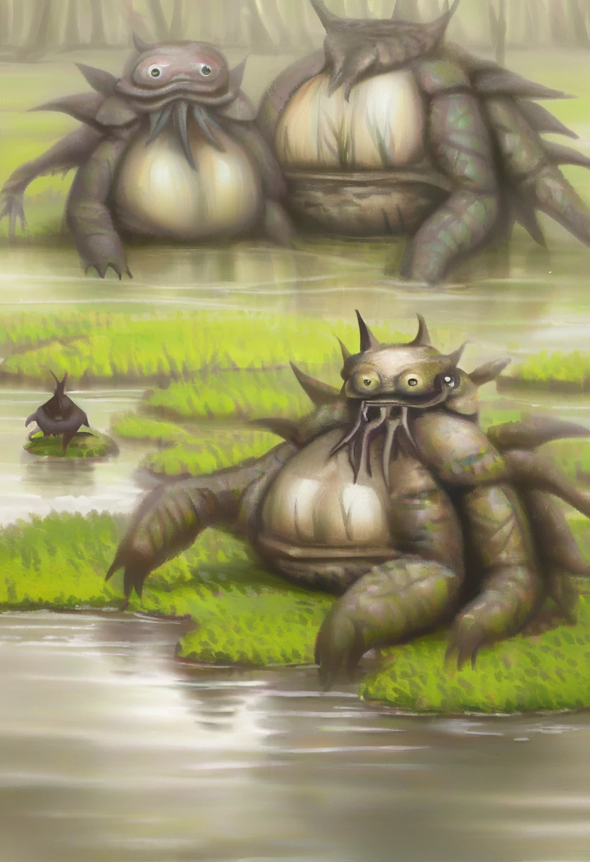 Unidentified creatures in the swamp。Keep your background realistic。