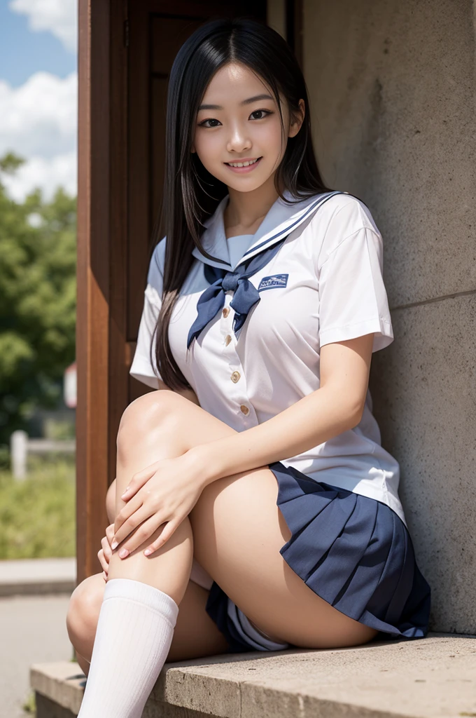 Pure Japanese school girl, sexual attractive, sweet temptation, outstanding body, beautiful legs, wearing uniform, high socks, loafers, panty, natural long hair, sweet smile, sitting, refreshing in early summer, composition from the front, 