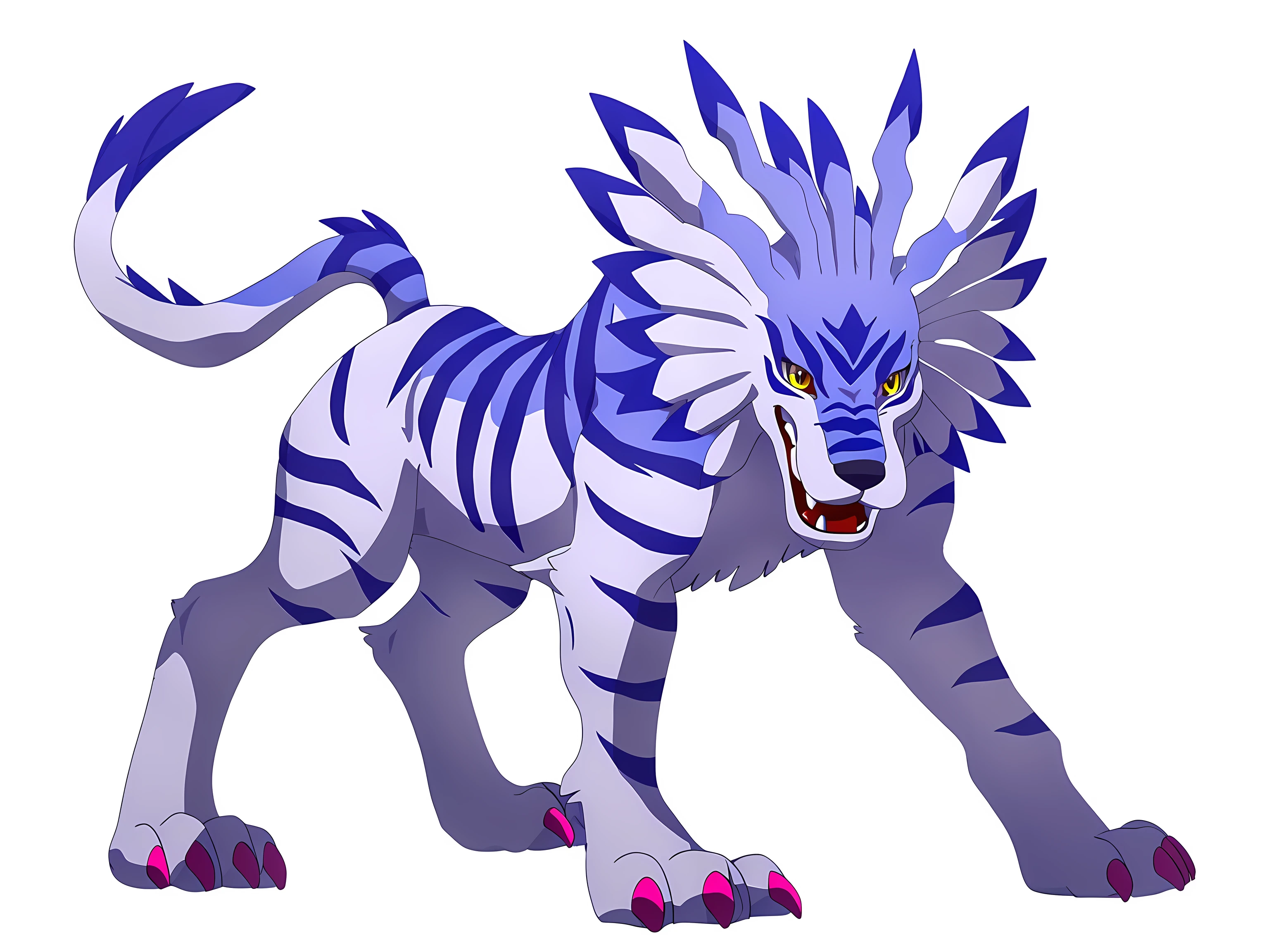 Garurumon, full body, feral:1.1, quadruped, standing, open mouth, fangs, high quality, yellow eyes, big eyes:1.1, detailed eyes, pink claws, big paws, no background, white background, cel shaded, tail