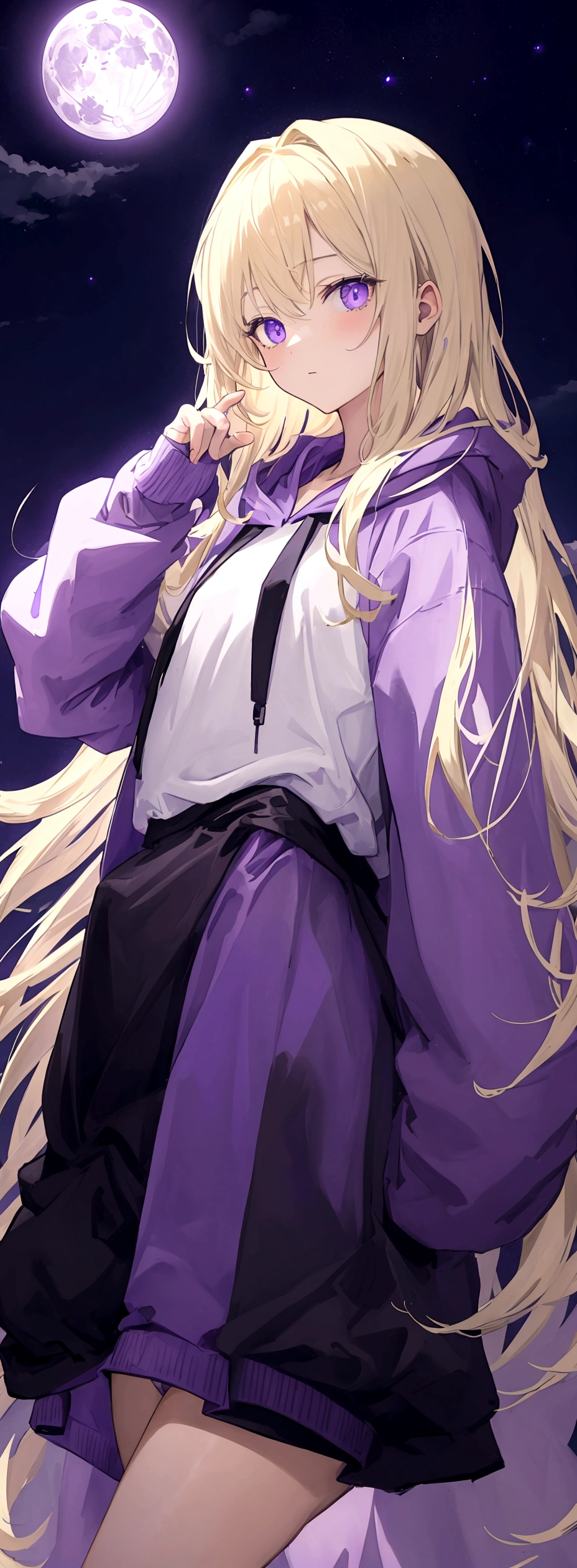 masterpiece、Highest quality、High school boys、Light blonde、White shirt、Purple clothes、Black hoodie、Background of a full moon in a purplish night sky、Halloween images