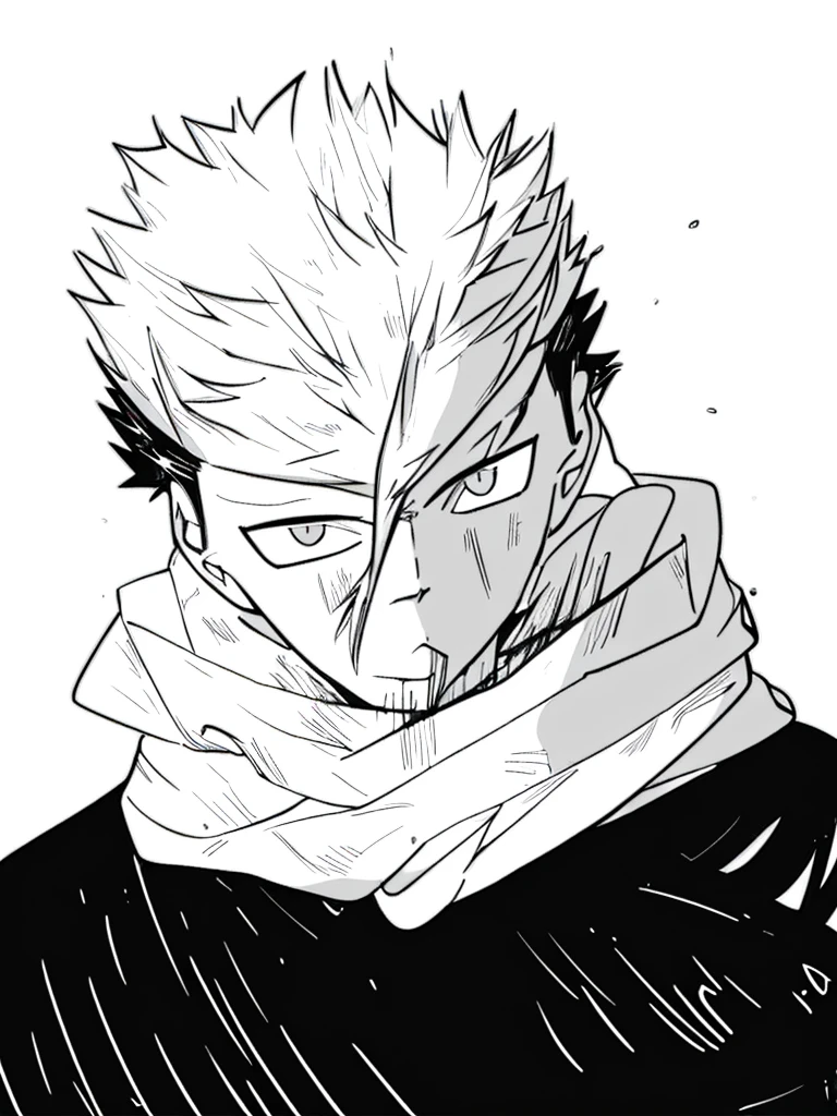 white fluffy messy hair, boy, black and white, staring at viewer, messy clothing, male, scarf over mouth